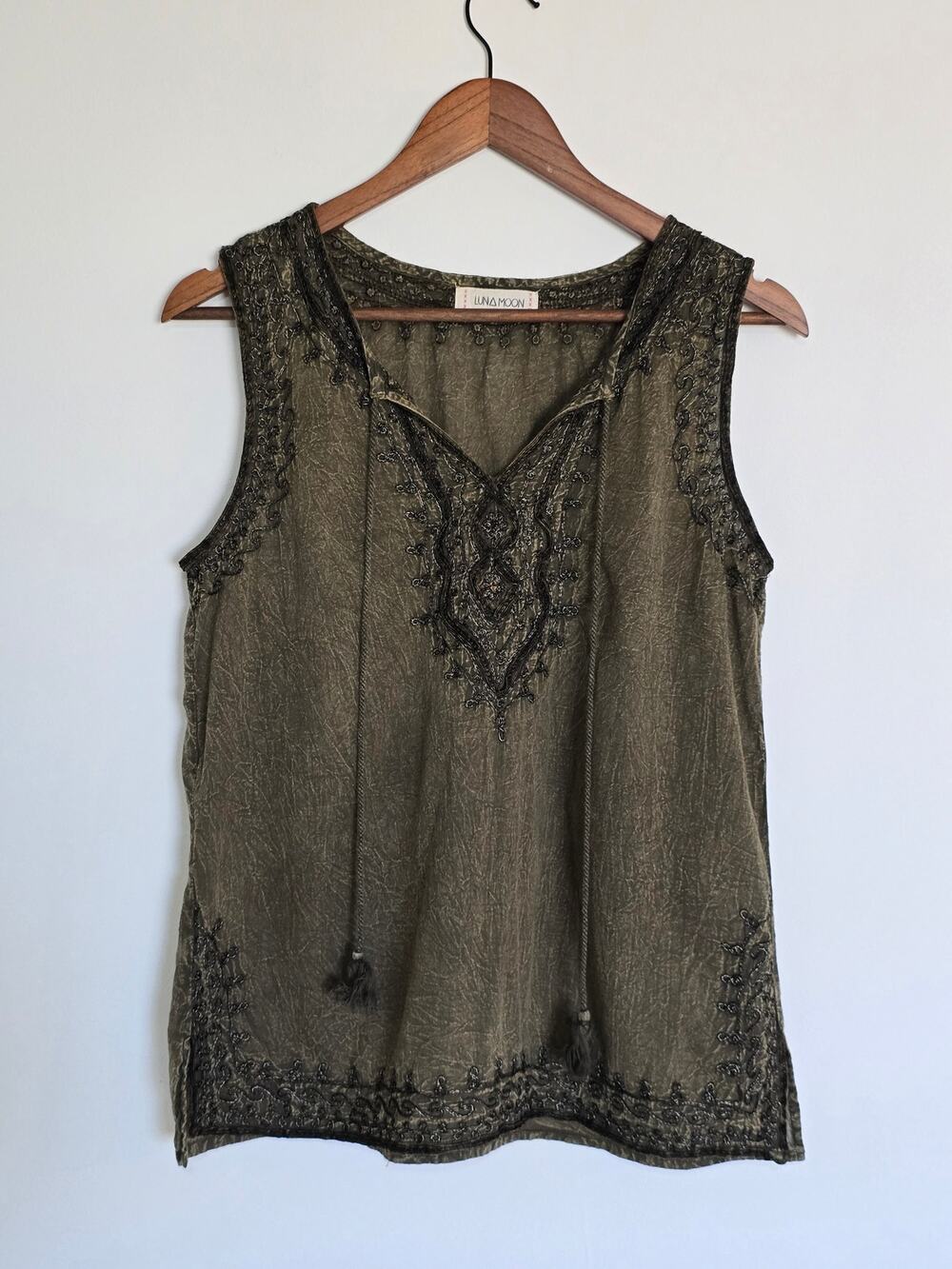 Luna Moon Boho Embroidered Olive Green Tassel Tank Top Size S